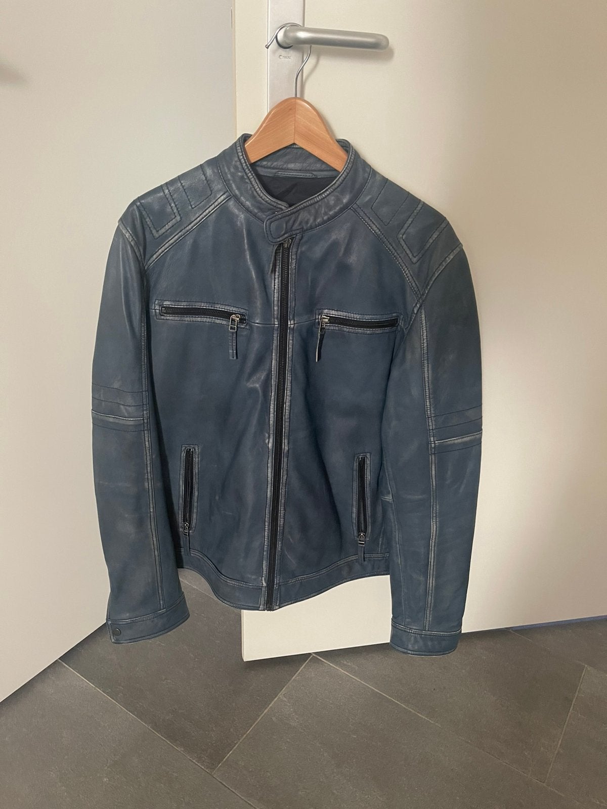 100% Leren Jas Vintage Blauw - Maat 54, Maat 52/54 (L), Blauw, Dekkers, Ophalen of Verzenden