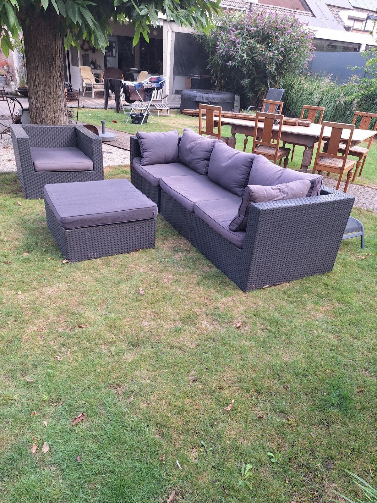 Wicker loungeset met 5 zitplaatsen en hocker, Tuin en Terras, 5 zitplaatsen, Gebruikt, Ophalen of Verzenden, Loungeset