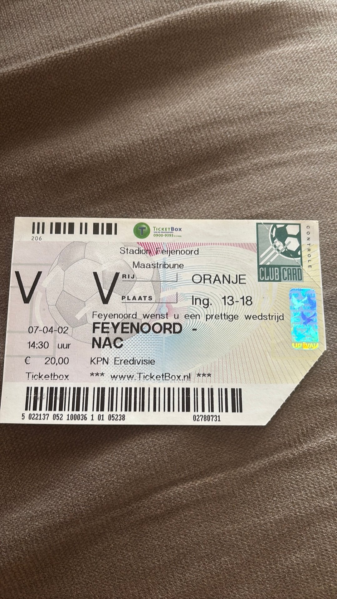 Oud stadionticket Feyenoord nac 2002, Verzamelen, Ophalen of Verzenden, Zo goed als nieuw, Feyenoord