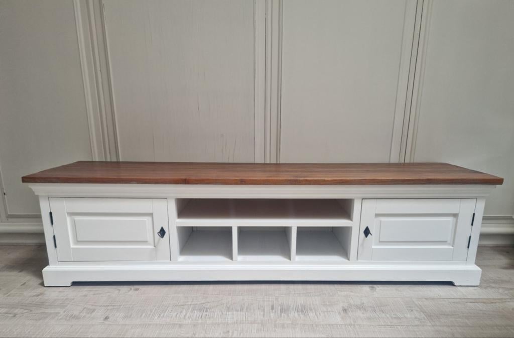 Landelijk TV-meubel wit met houten blad, Ophalen, Gebruikt, 100 tot 150 cm, Landelijk