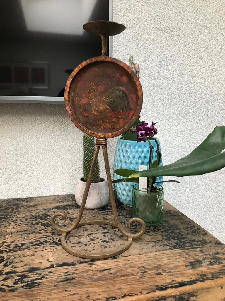 Indiase metalen kandelaar met kip uit india, Huis en Inrichting, Woonaccessoires | Kandelaars en Kaarsen, Verburgt Vintage, Gebruikt