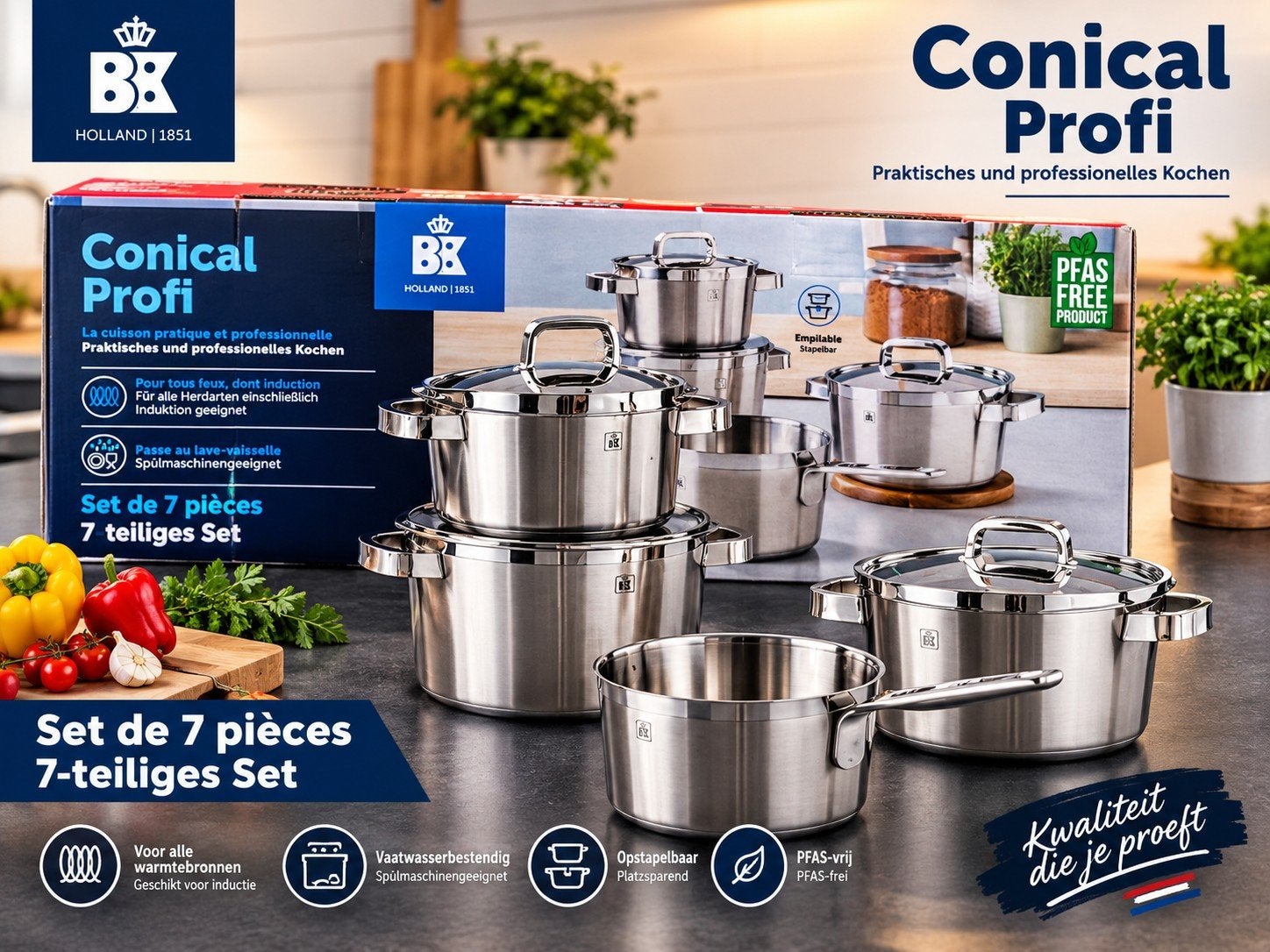 BK Conical Profi 7-delige pannenset - PFAS VRIJ, Ophalen, BK, Nieuw, Pannenset