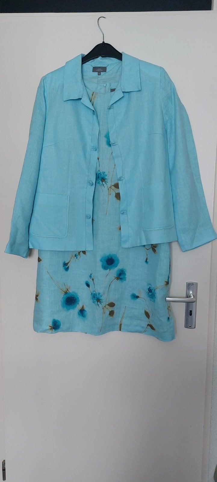 Turquoise jurk met jasje, bloemenprint, Blauw, Together, Maat 42/44 (L), Ophalen of Verzenden