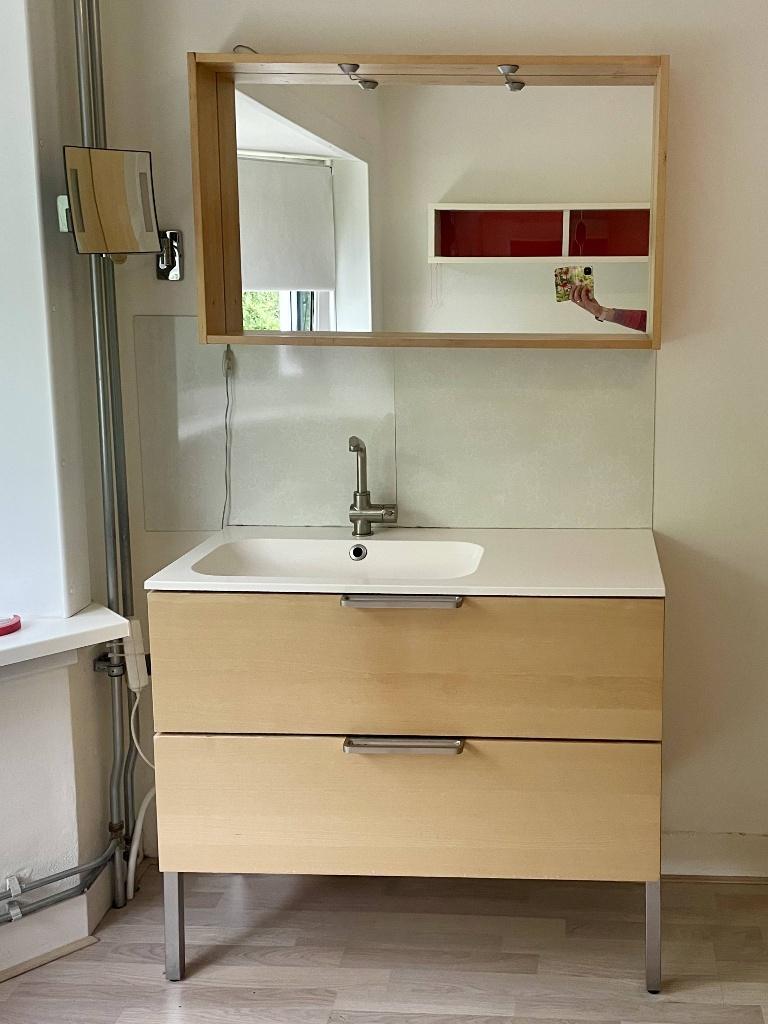 Ikea wastafelmeubel en spiegel, beukenfineer, Ophalen, Gebruikt, Overige typen, 50 tot 100 cm