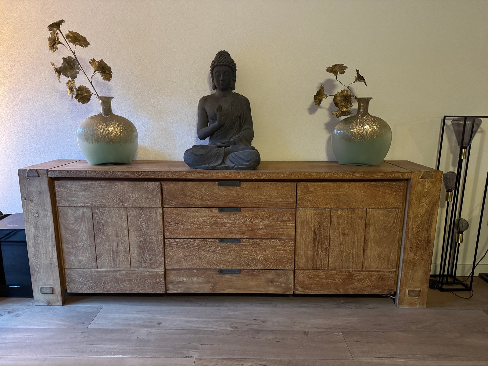 Ruim Teakhouten Dressoir met Lades en Kasten - 2.50m, Ophalen, Gebruikt, Teakhout, 200 cm of meer