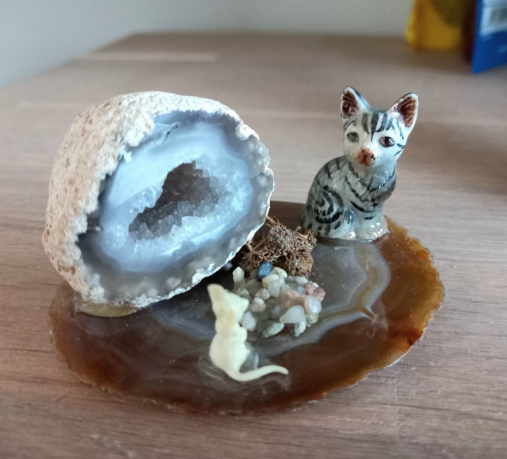 Geode met agaat en kat en muis beeldje, Ophalen of Verzenden
