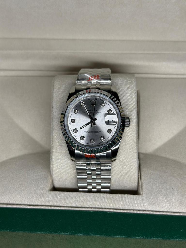 Rolex date 36 mm zilver diamant automatisch met saffier glas, Ophalen of Verzenden, Zo goed als nieuw, Zilver