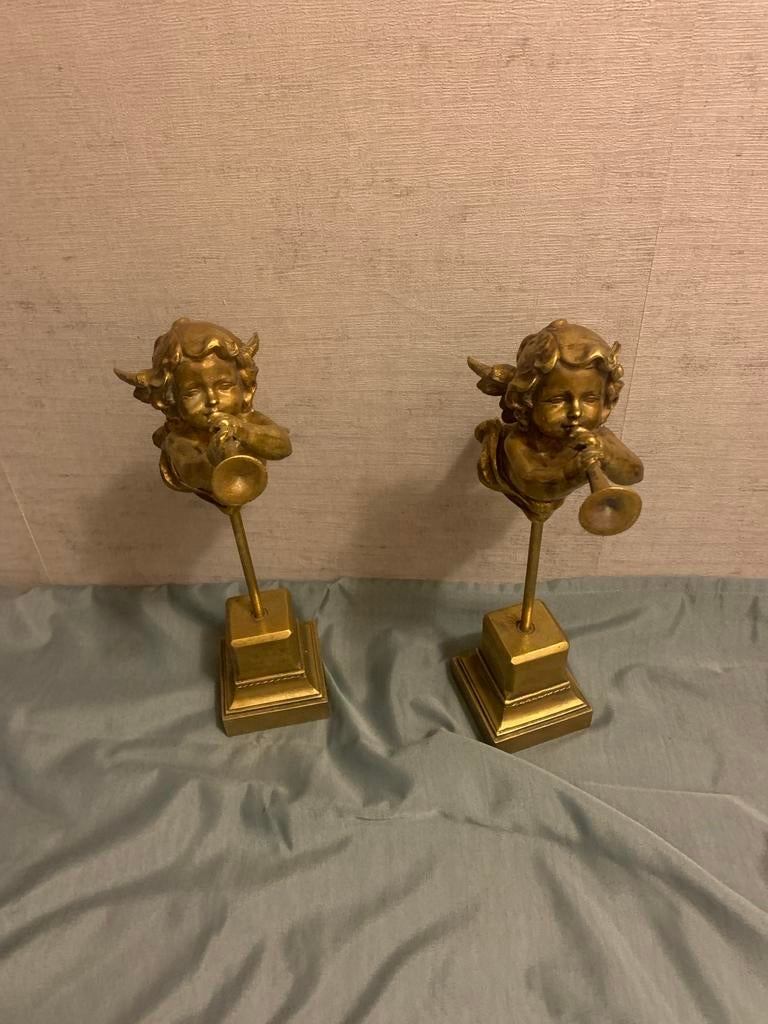 Set van 2 gouden engeltjes met trompet standaard, Antiek en Kunst, Antiek | Overige Antiek, Ophalen of Verzenden