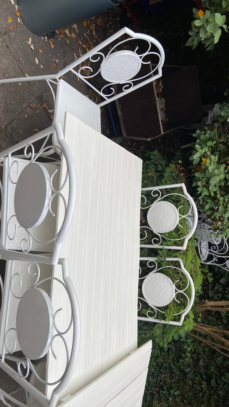 6 persoons tuinset gietijzer tuin set tafel stoelen wit, Ophalen, Zo goed als nieuw, Rechthoekig, Metaal