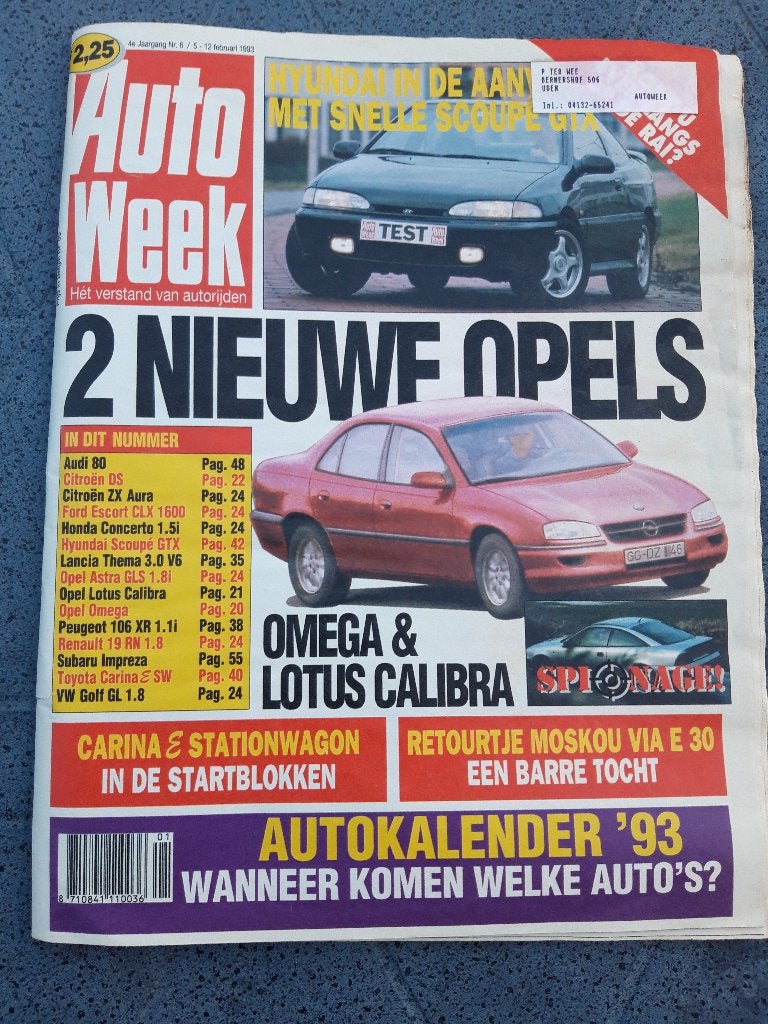 Autoweek 1993 nr 6 – Omega – Lotus Calibra – Hyundai Scoupé, Ophalen of Verzenden, Gelezen, Algemeen