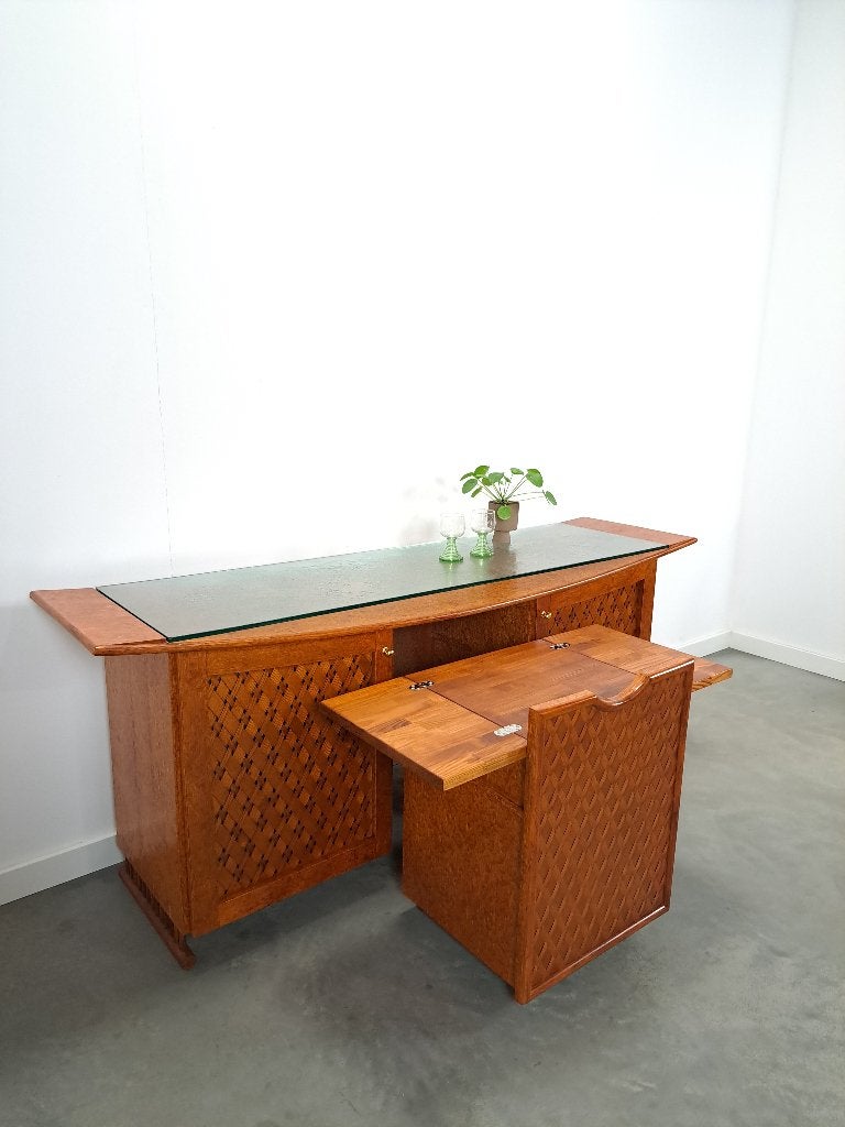 Bar dressoir met uitschuifbare bar en glazen blad, Ophalen of Verzenden, Gebruikt