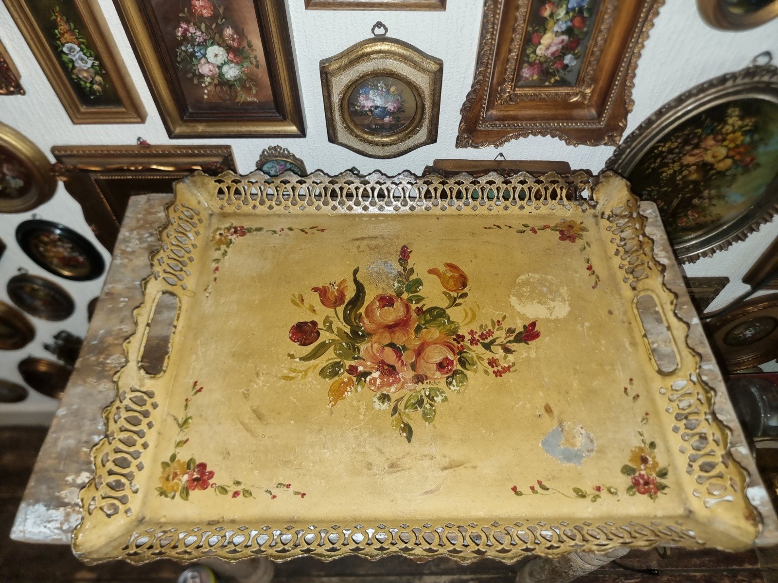 Oude metalen dienblad met handgeschilderd bloemen, Ophalen of Verzenden