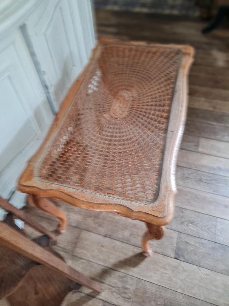 Vintage Queen Ann salontafel met glazen blad, Antiek en Kunst, Ophalen