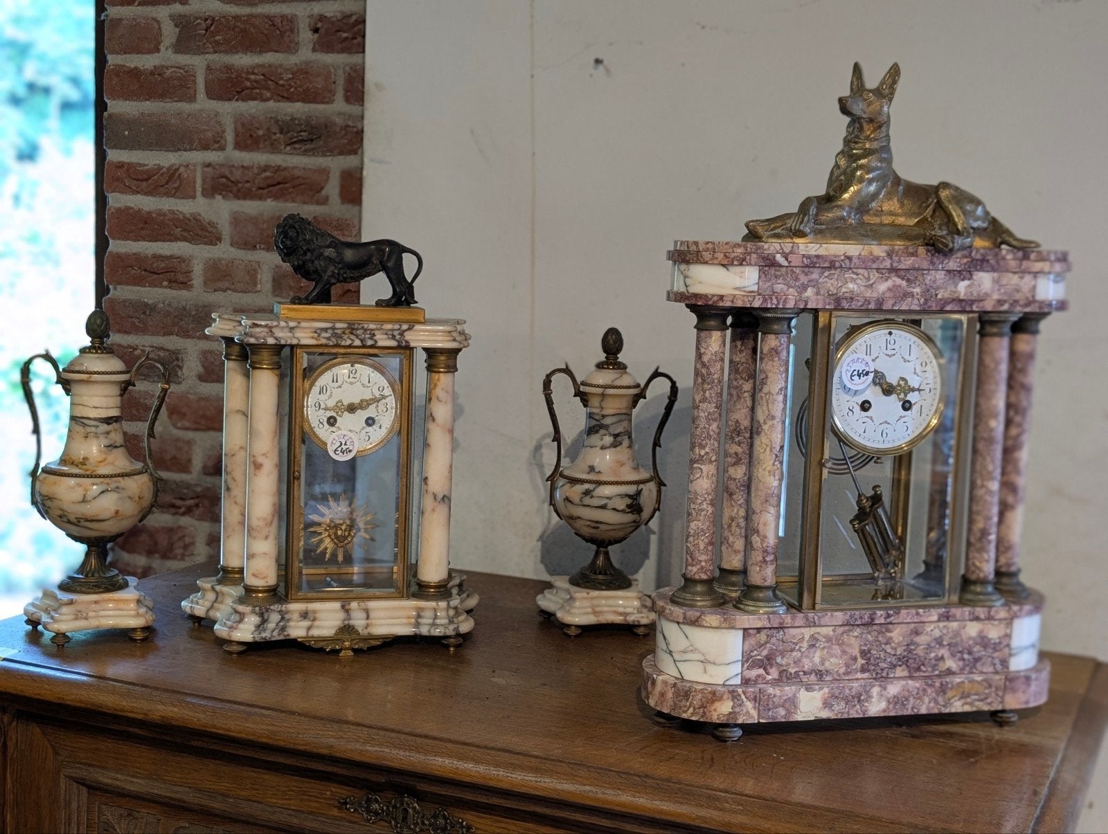 Grote antieke glas pendule brons - marmer. 57 cm hoog. €450., Antiek en Kunst, Antiek | Klokken, Ophalen