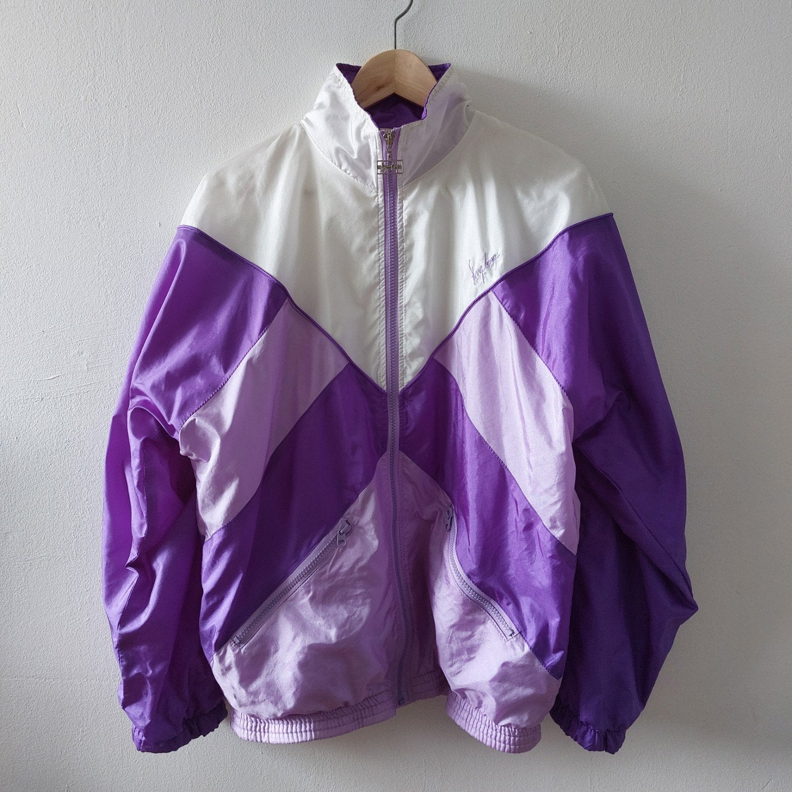 Vintage 80s/90s Fong Leng oversized sportswear jacket S/M, Paars, Ophalen of Verzenden, Maat 36 (S), Gedragen