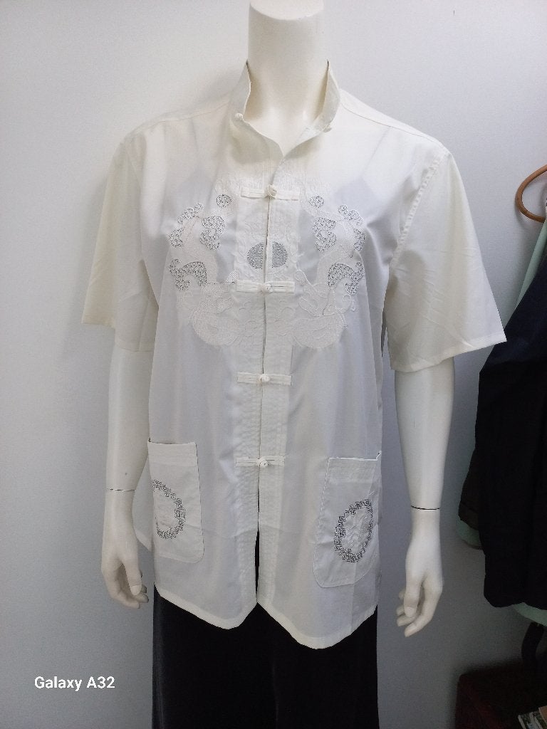 Chinese blouse Off White met zilver borduursel - Maat 42, Wit, Maat 42/44 (L), Ophalen of Verzenden, Zo goed als nieuw