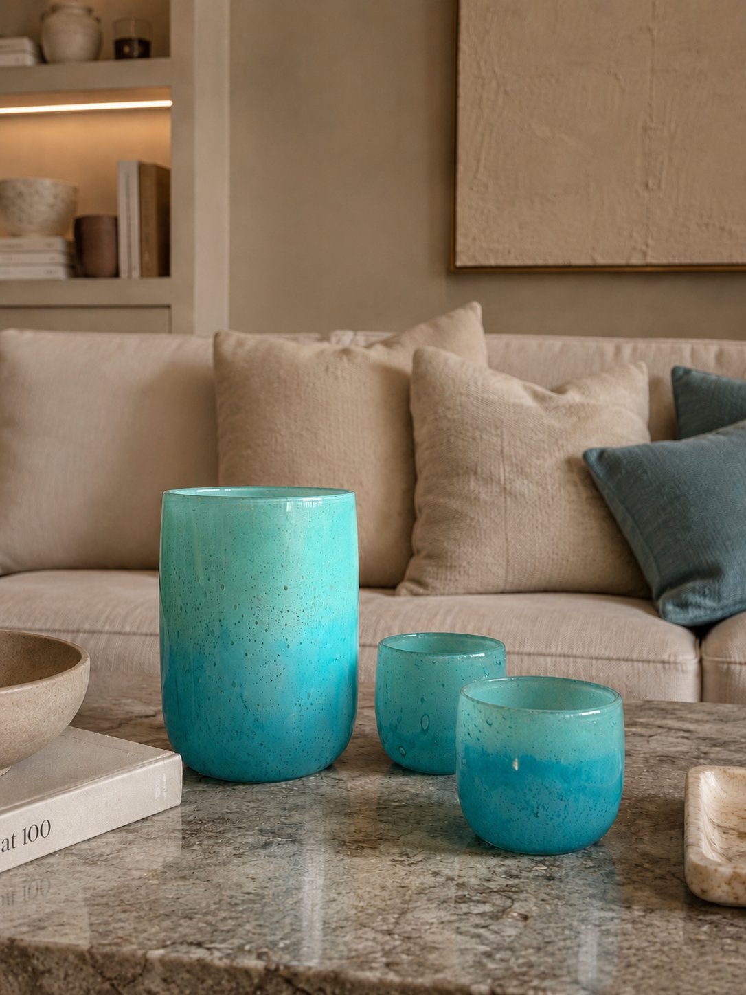 J-Line set potten aqua blauw 2 stuks, Rond, Ophalen of Verzenden, Zo goed als nieuw, Aardewerk