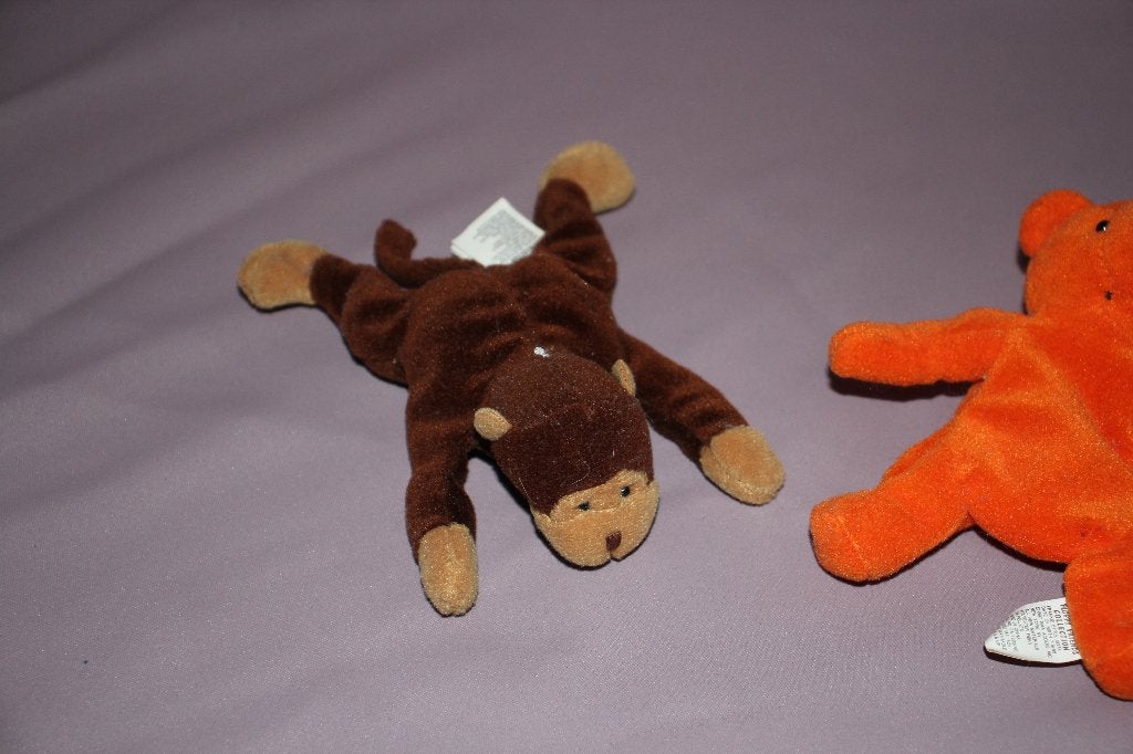 Kleine knuffeltjes - oranje beer / bruin aap floppy friends, Oranje, Gebruikt, Overige merken, Beer