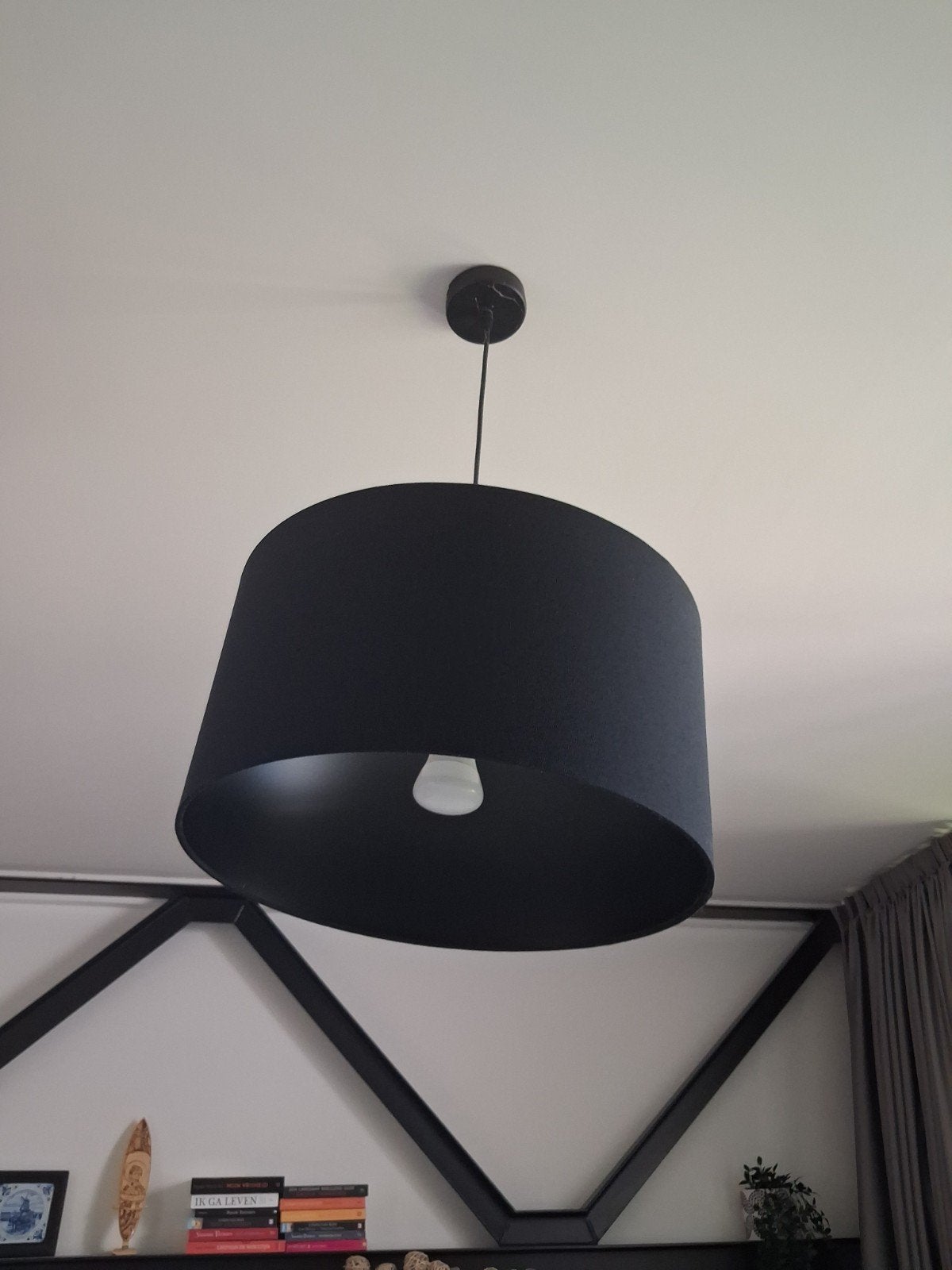 Zwarte hanglamp met stoffen kap, Modern, E27 (groot), Ophalen of Verzenden, Textiel