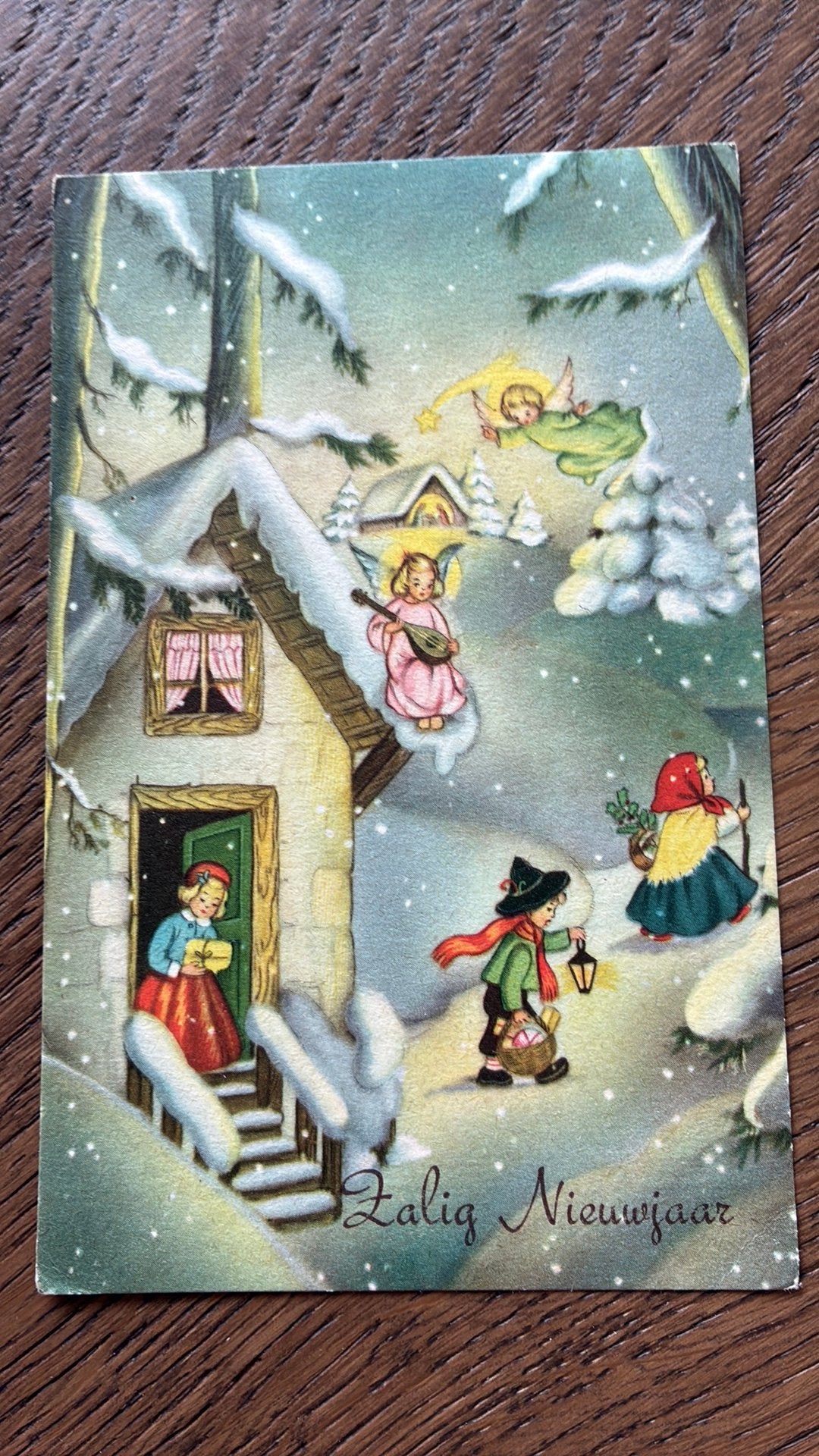 Nieuwjaar.Kinderkaart.Engeltjes muziek,wandelen in de sneeuw, Ophalen of Verzenden, Gelopen
