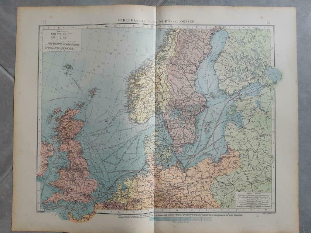 27-28/ Verkeerskaart Noordzee en Oostzee Litho uit 1899, Ophalen of Verzenden
