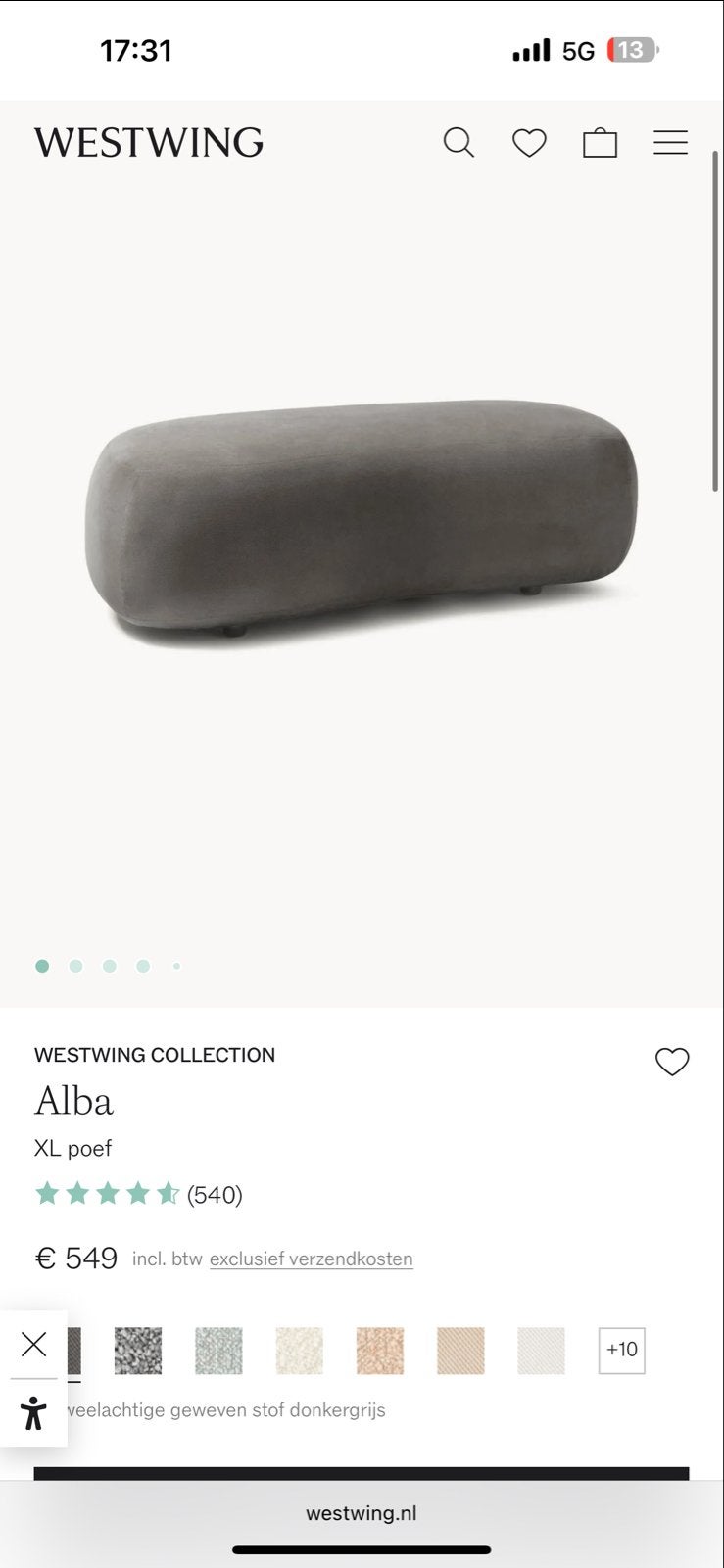 Westwing Collection Alba XL Poef - Zo goed als nieuw, Ophalen, 125 cm of meer, Zo goed als nieuw, Stof