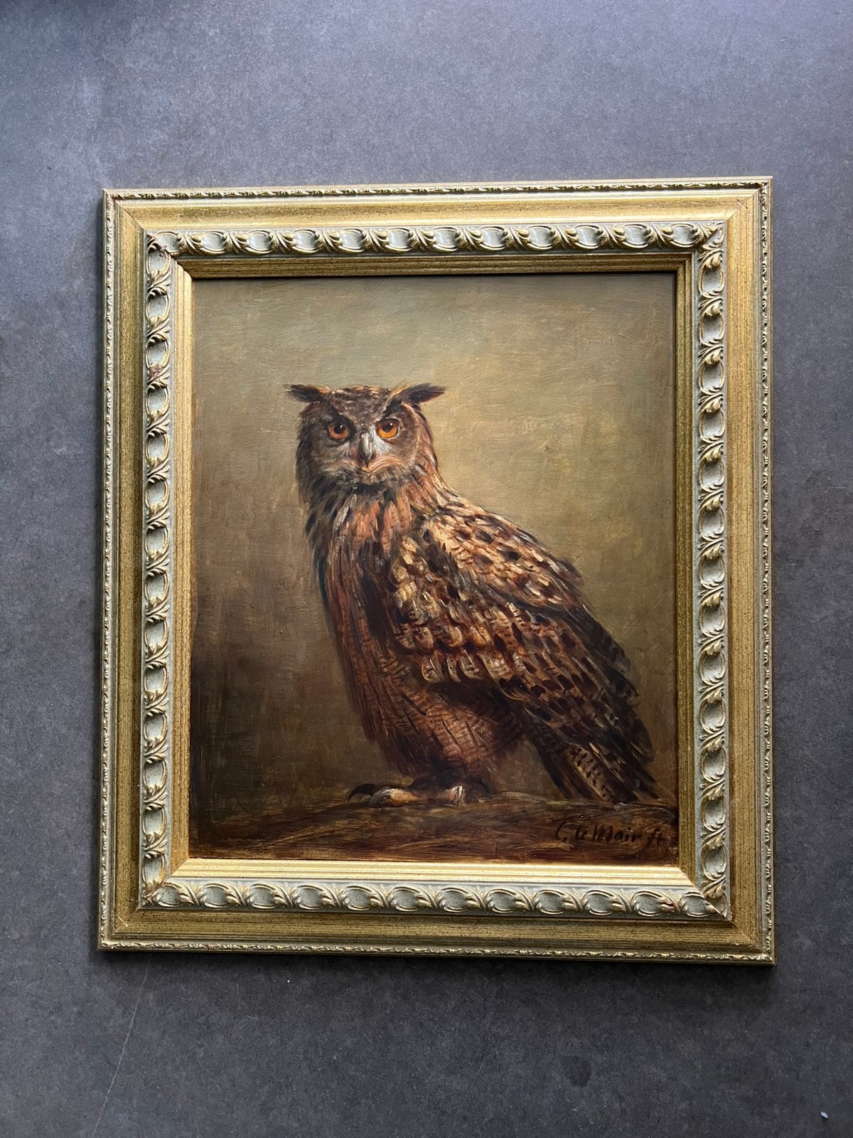 Cornelis le Mair . Olieverf op paneel . Uil ., Ophalen, Paneel, Realistisch, Dieren