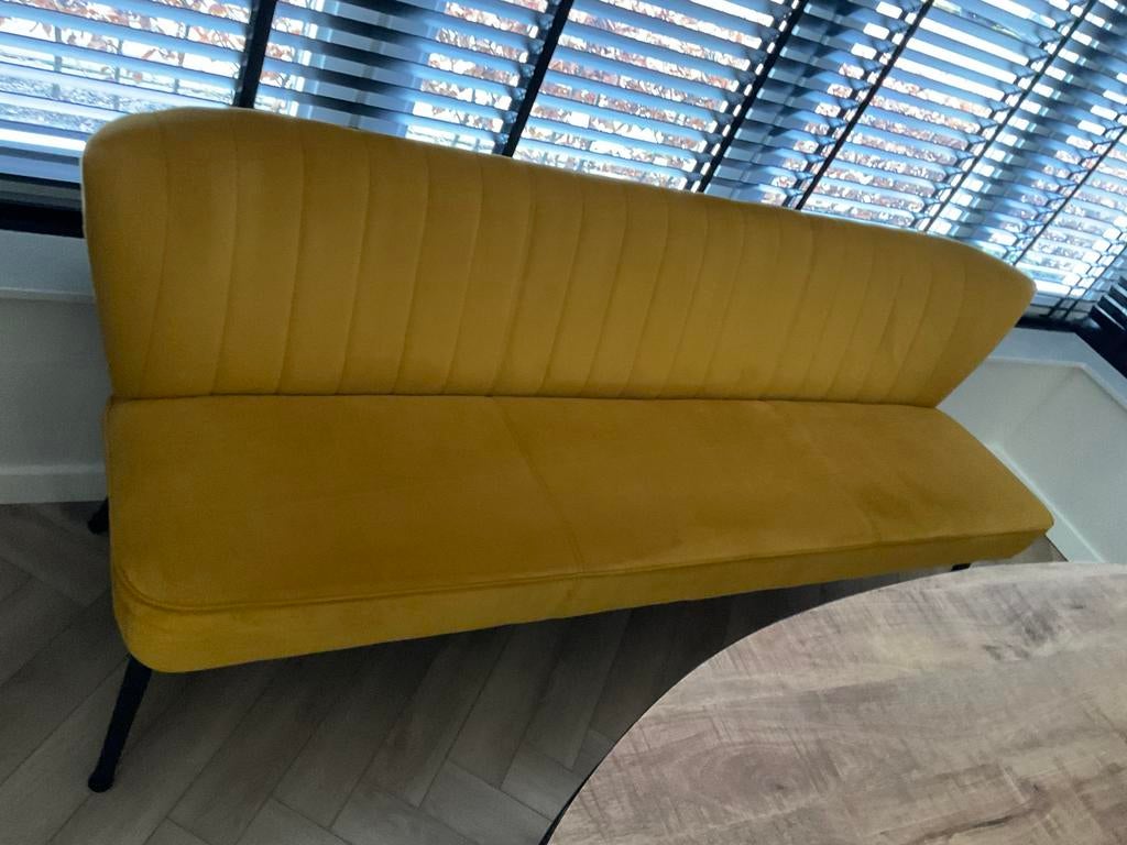 Goossens Rob Eetkamerstoelen + Bank - Okergeel Velvet, Overige kleuren, Ophalen of Verzenden, Zo goed als nieuw, Stof