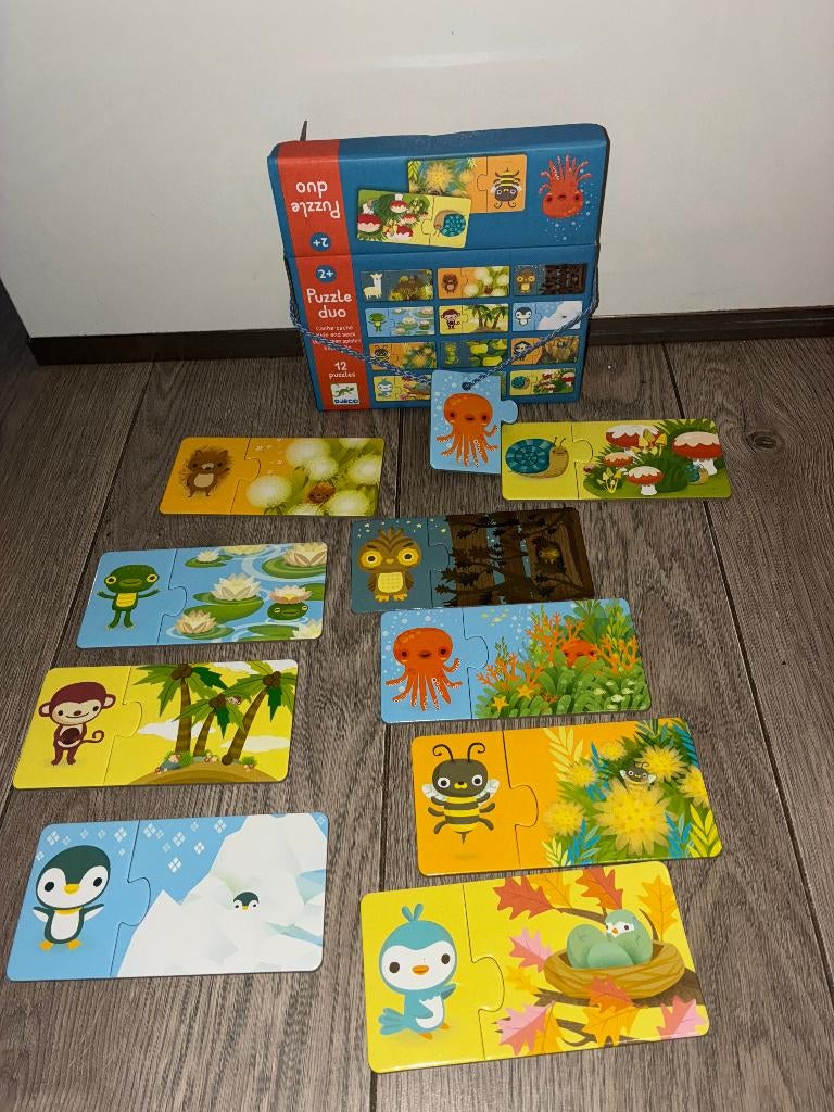 Djeco puzzel 9 duo's, Ophalen of Verzenden, 10 tot 50 stukjes, Zo goed als nieuw, 2 tot 4 jaar