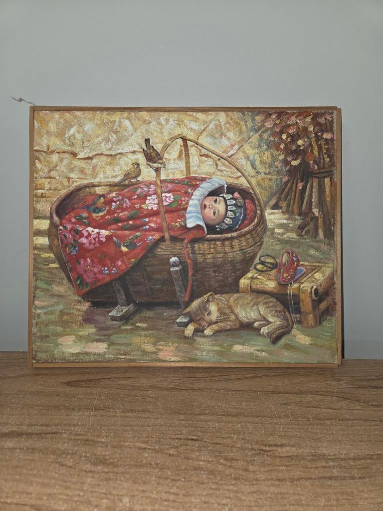 Olieverf Schilderijtje Baby met Kat, Antiek en Kunst, Ophalen of Verzenden