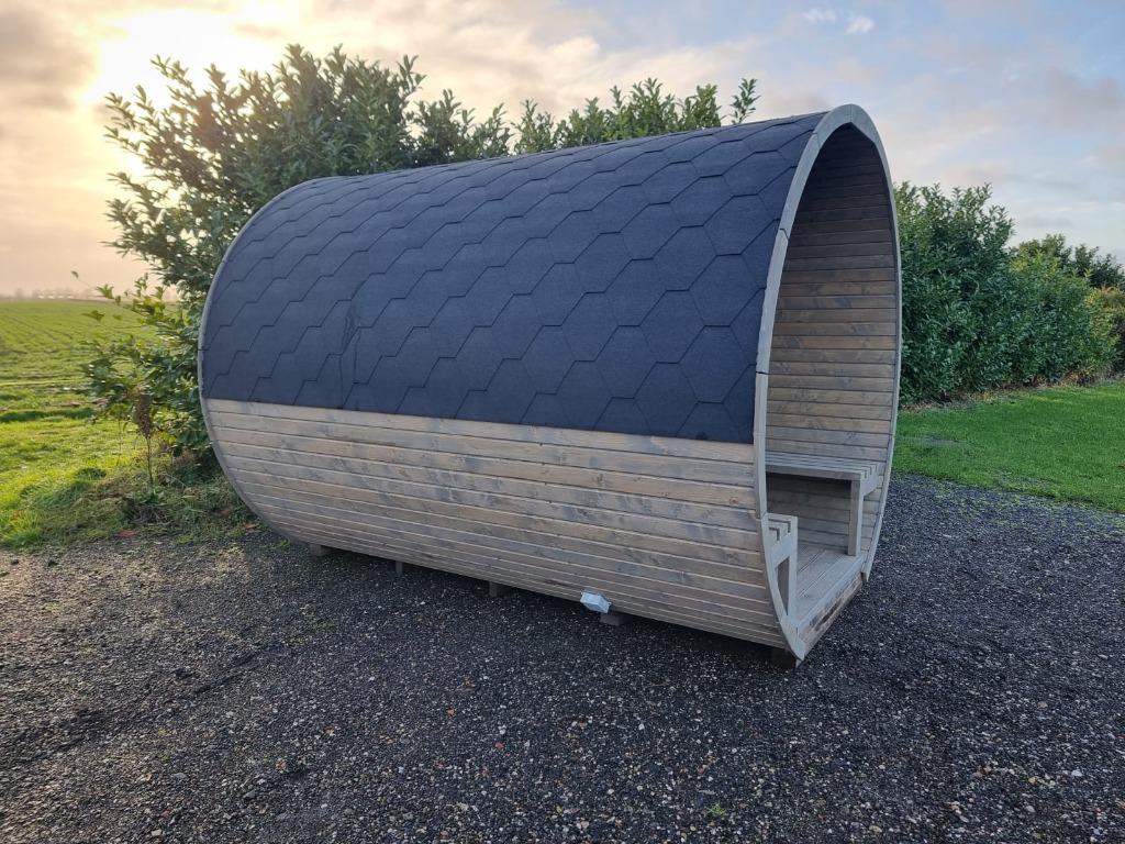 Nieuwe barrel sauna in 3m compleet met 2 achterramen!, Verzenden, Nieuw, Fins of Traditioneel, Complete sauna