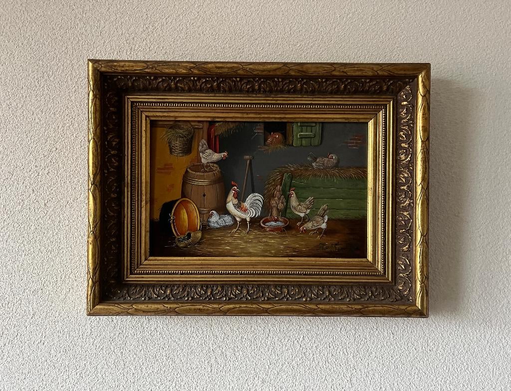 Leuk kippenschilderij op paneel., Ophalen of Verzenden