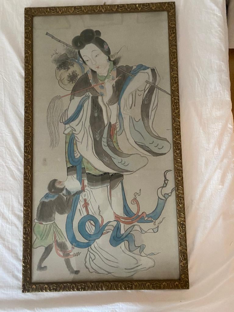 Japanse kleuren aquarel, vergulde lijst, Antiek en Kunst, Ophalen
