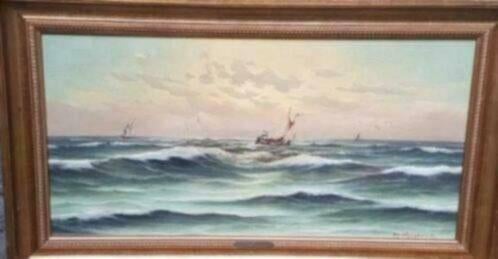 Olieverf  H.J. Wijngaard zeegezicht Kaagschip Noordzee., Antiek en Kunst, Kunst | Schilderijen | Klassiek, Ophalen