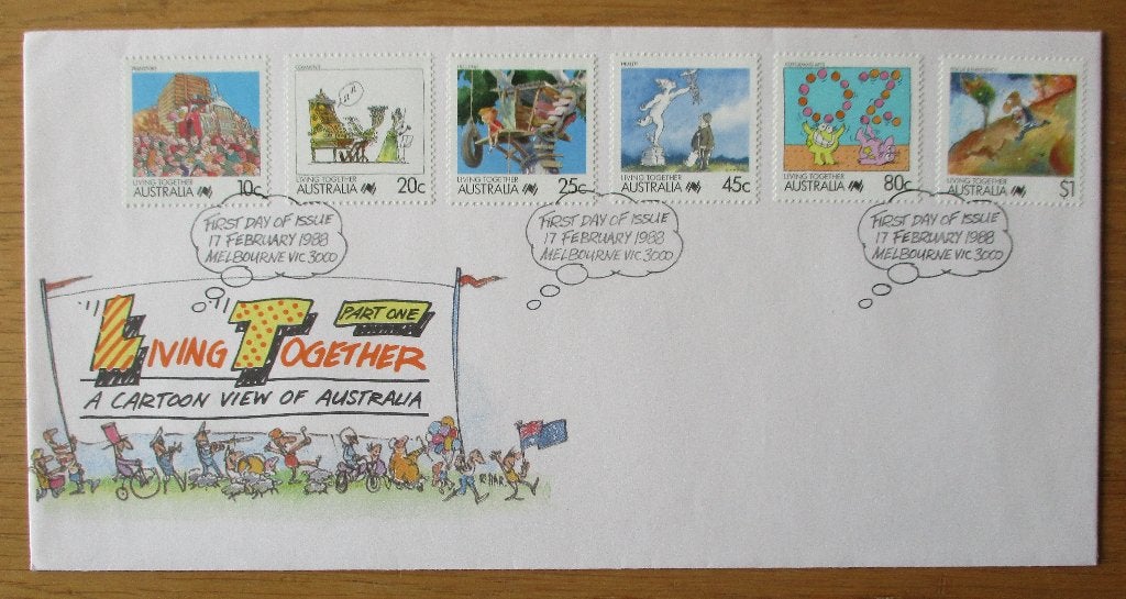 Australië, FDC serie Strip Living Together, 1988, Verzenden, Gestempeld