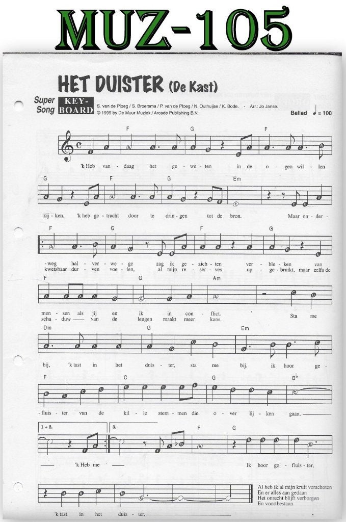Muz105 Bladmuziek Super song: Het Duister ( de Kast ), Orgel, Gebruikt, Klassiek, Ophalen of Verzenden
