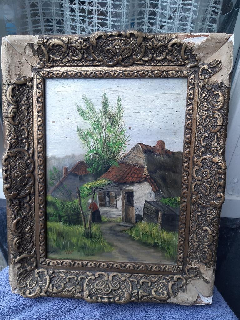 Schilderij, Aquarel, landschap, boerderij, van J. Gom, 1915, Antiek en Kunst, Ophalen