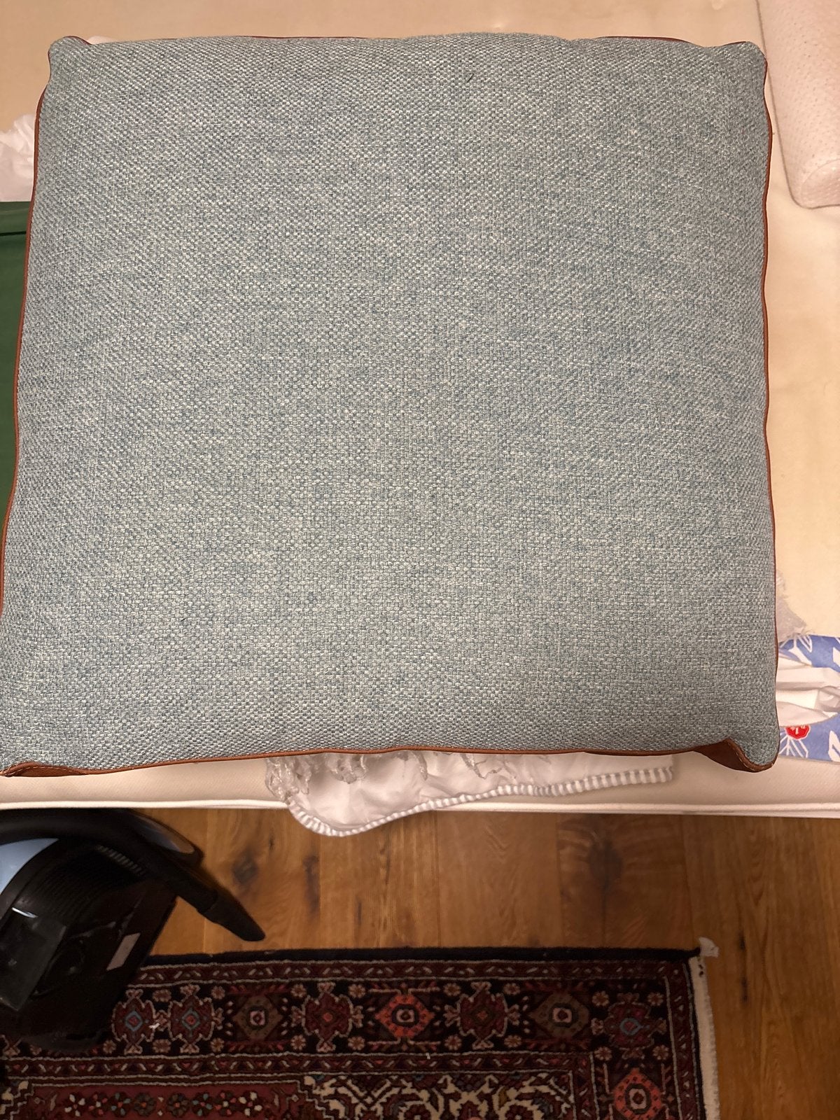 2x Groen/blauw sierkussen met bruine bies, Ophalen, Gebruikt, Meerkleurig, Vierkant