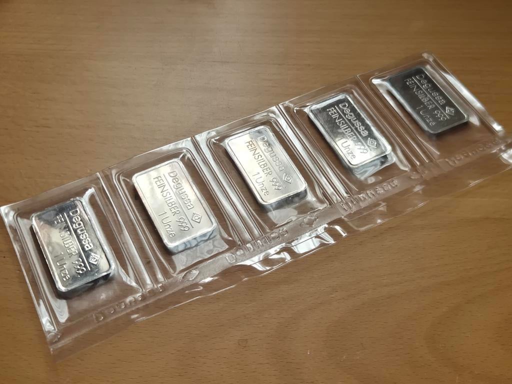 Degussa: 5 x 1 oz zilverbaar. Vintage Silver Bar. Zilver., Ophalen of Verzenden, Zilver