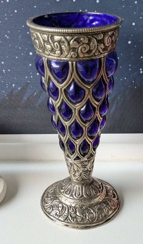 Antieke verzilverde vaas met kobalt glas Art Nouveau, Ophalen of Verzenden