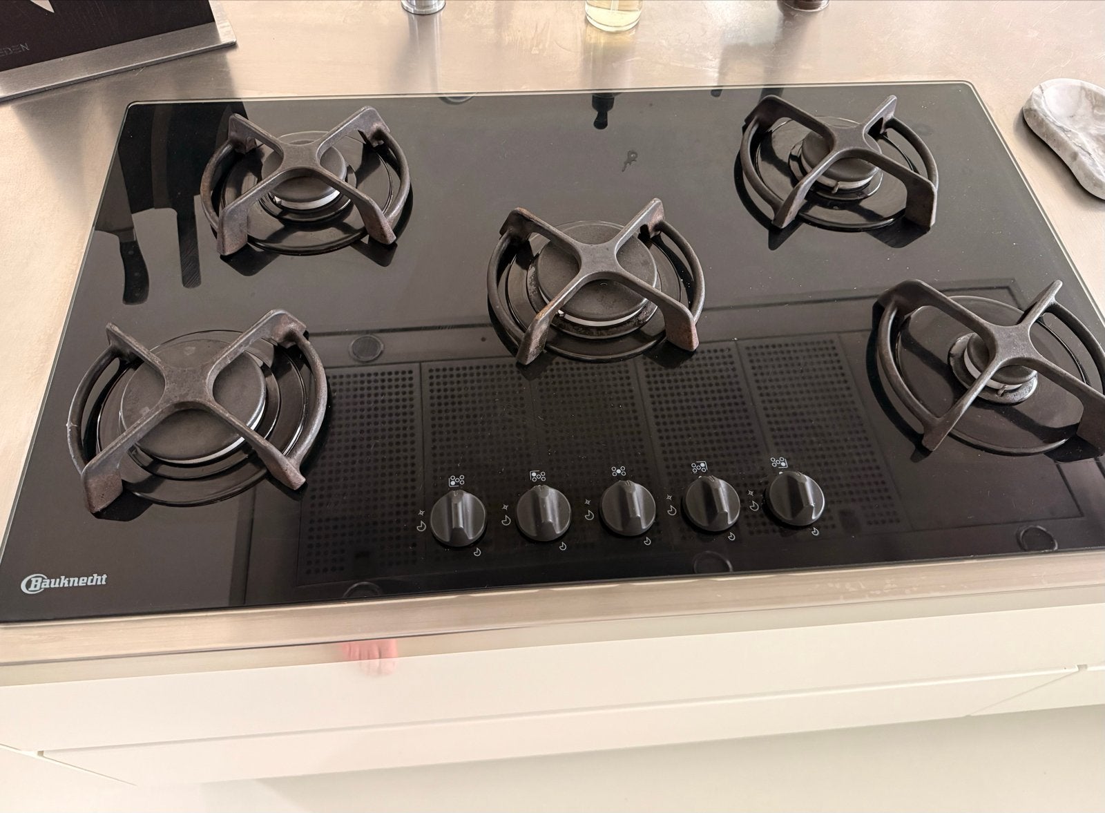 Bauknecht 5-pits gasfornuis - Zwart glas 86cm breed, Ophalen, Gebruikt, Inbouw, Gas
