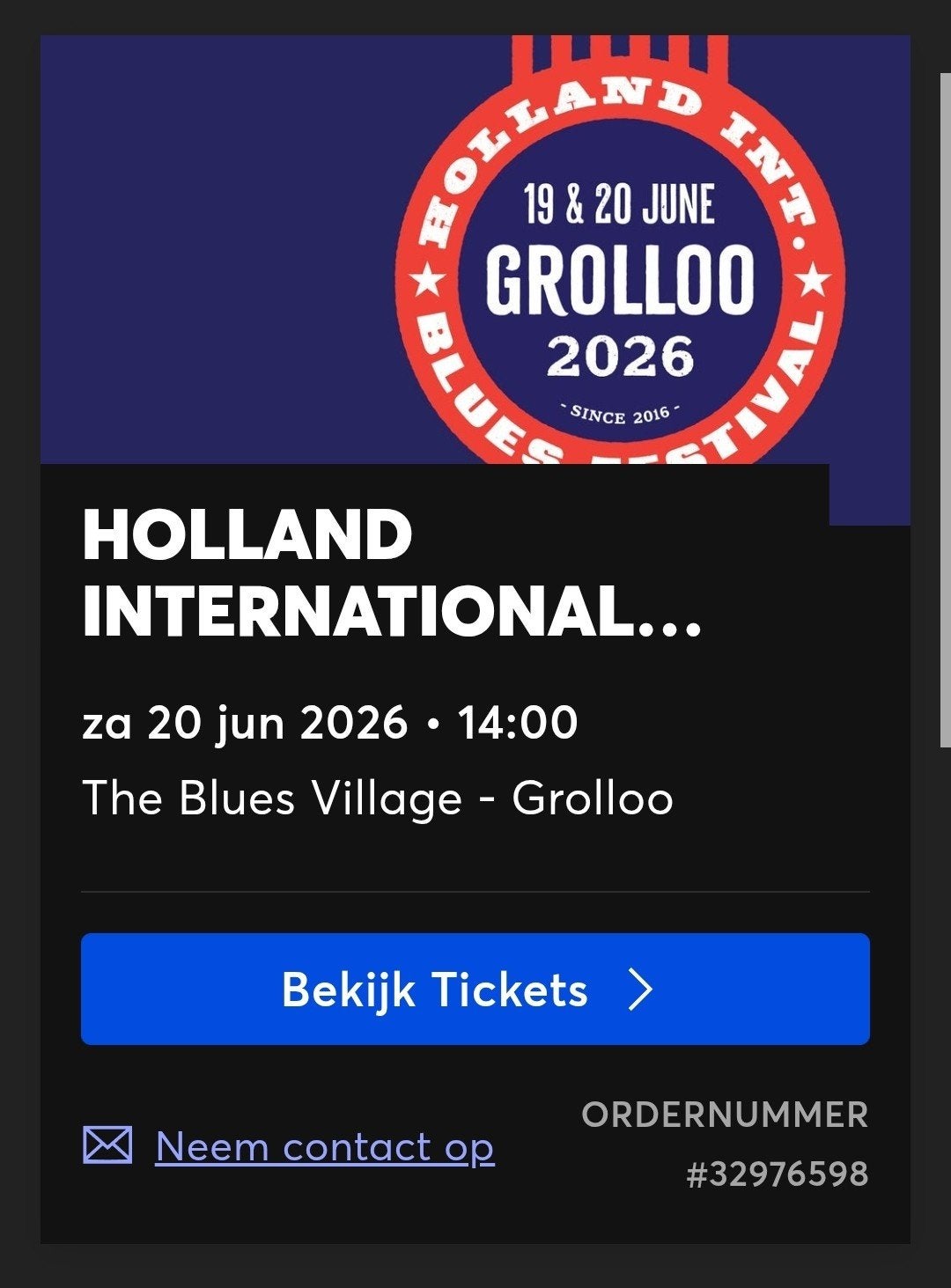 Holland International Blues Festival

kaarten voor zaterdag, Twee personen, Juli