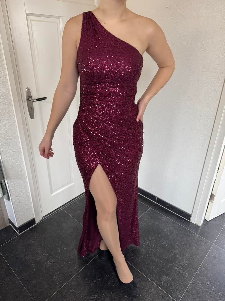 Galajurk te koop of te huur Eva & Lola Bordeaux glitter, Galajurk, Ophalen of Verzenden, Zo goed als nieuw, Maat 36 (S)