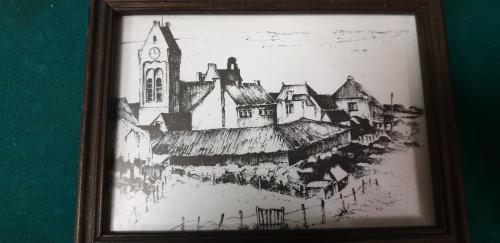 tekening ingelijst oude gebouwen, Huis en Inrichting, Woonaccessoires | Schilderijen, Tekeningen en Foto's, Ophalen of Verzenden