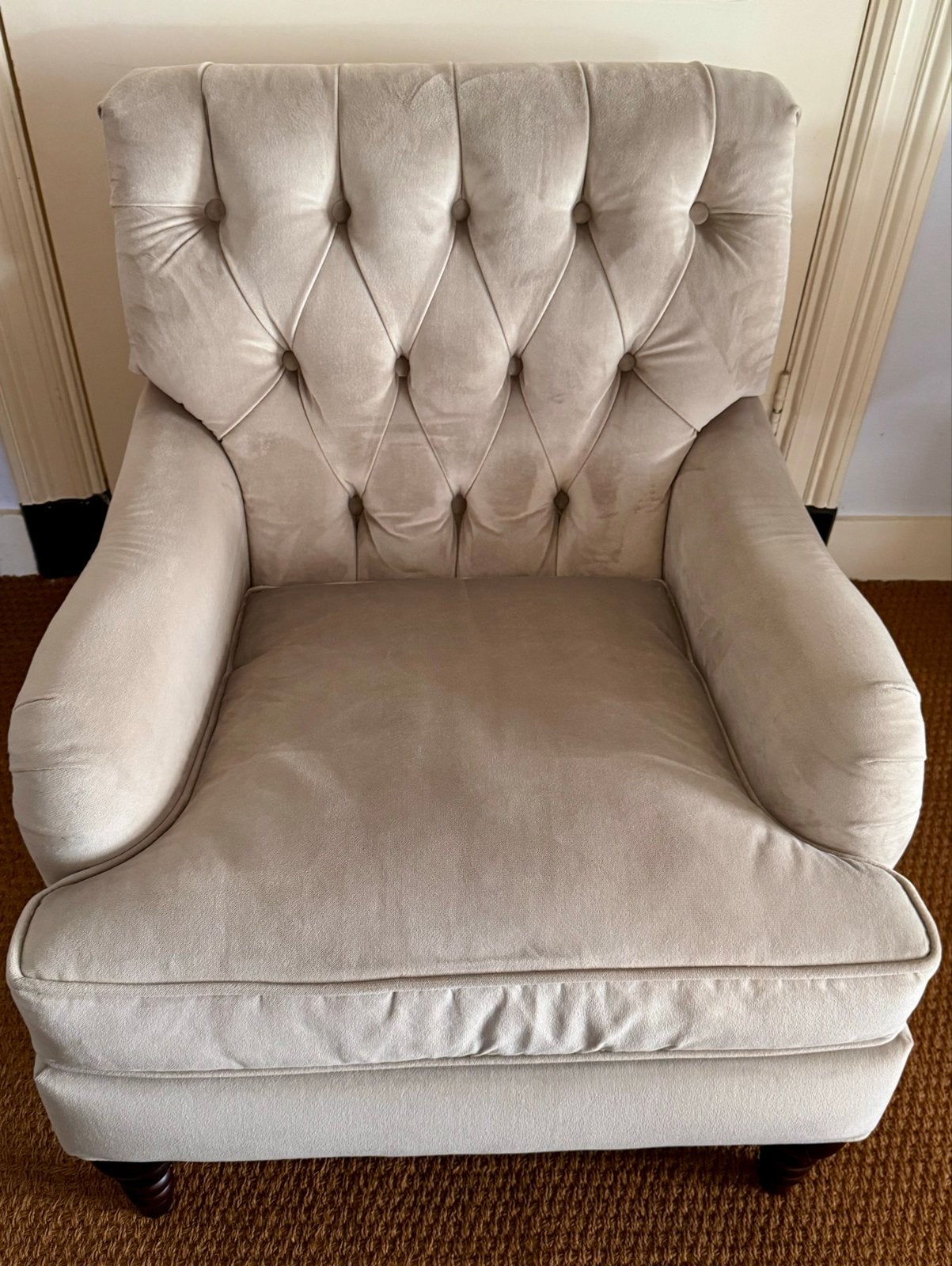 Comfortabele fauteuil - Beige stof, Ophalen, 75 tot 100 cm, Zo goed als nieuw, 75 tot 100 cm