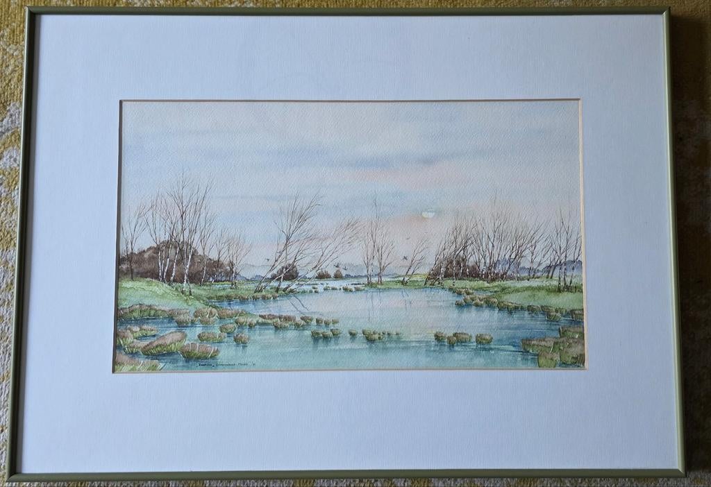 Schilderij: Aquarel Landschap in olijfkleurige lijst., Ophalen