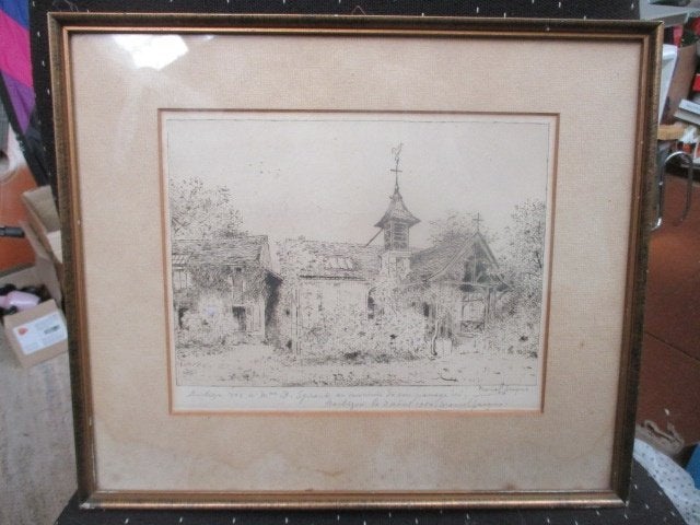 Ets, marcel jacque 1950, kleine kapel, origineel barbizon, Antiek en Kunst, Ingelijst, Ets, Architectuur, Ophalen of Verzenden