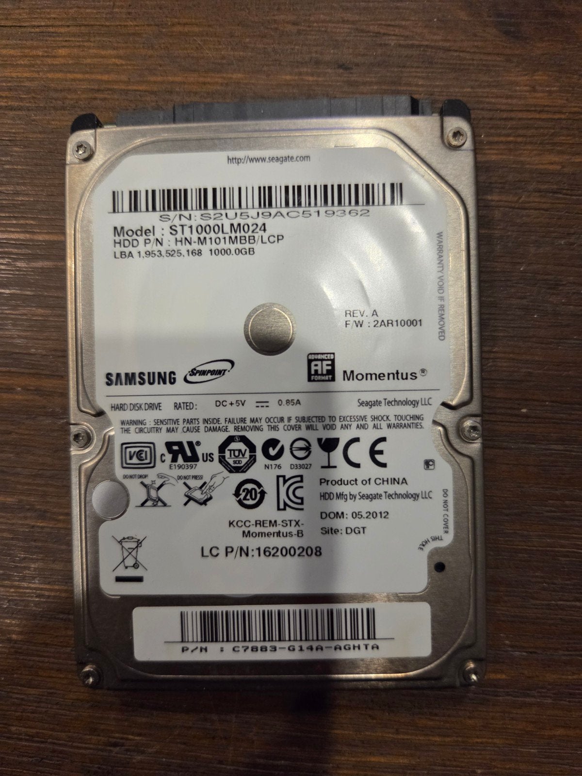 1TB HDD Samsung Momentus ST1000LM024 SATA Harde Schijf, Computers en Software, Ophalen of Verzenden, ., ., .