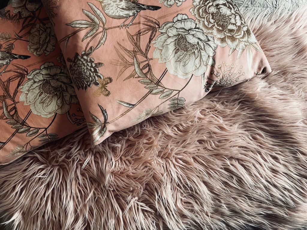 Set: 2 oud roze kussens met print en schapenvacht, Huis en Inrichting, Woonaccessoires | Kussens, Ophalen of Verzenden, Zo goed als nieuw
