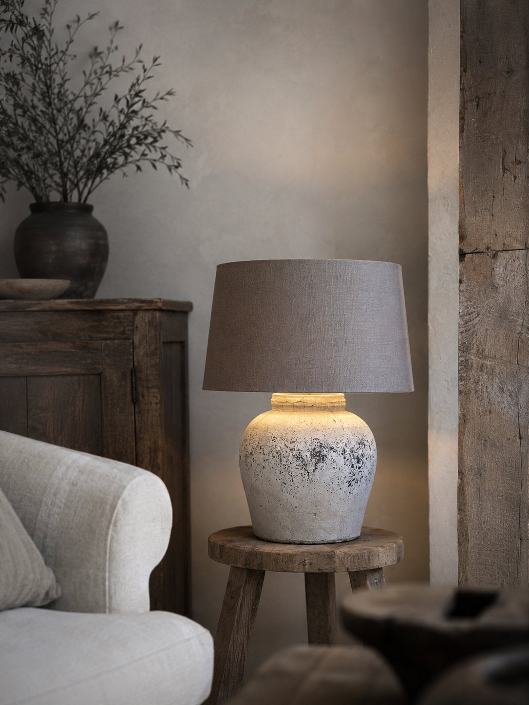 Grote Kruiklamp met Linnen Kap | Stoer & Sober, Huis en Inrichting, Lampen | Tafellampen, Ophalen, Zo goed als nieuw, Overige materialen